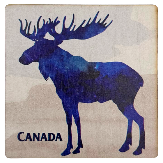 A square wooden coaster with moose in silhouette facing to the left. Inside the moose is a scene of a starry night sky. The coaster says "Canada" in the bottom left.