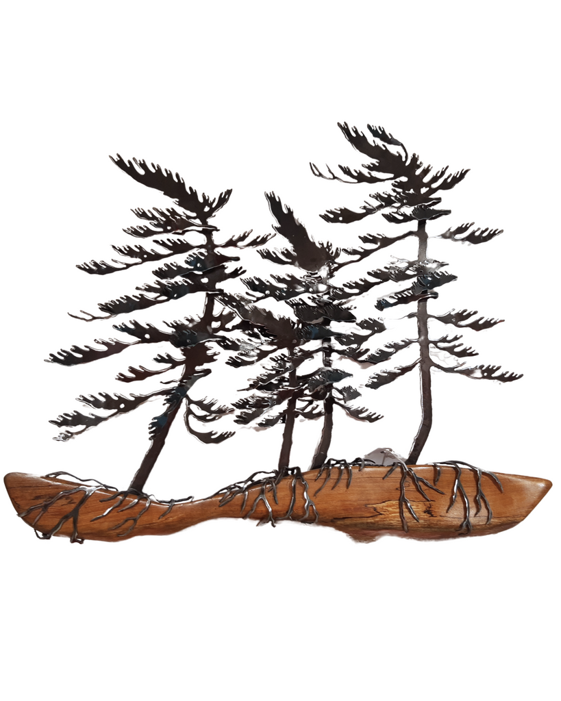 Five windswept pine trees cut out of sheet steel and artistically wrapped around a piece of driftwood taken from the area around the artist's home.