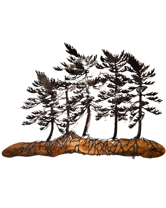 Five windswept pine trees cut out of sheet steel and artistically wrapped around a piece of driftwood taken from the area around the artist's home.