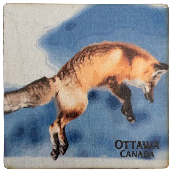 A square wooden coaster with a leaping red fox depicted against a blue sky. The coaster says "Ottawa Canada" in the bottom right, beneath the fox.