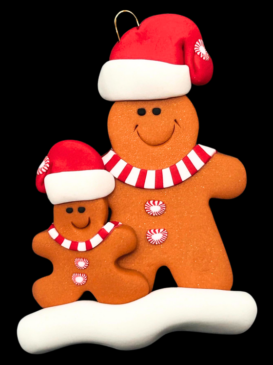 Small gingerbreadman on the left side and bigger gingerbread man on the right. Both have red santa hats with red and white mints on the ends and as buttons. Both have red and white striped scarves.