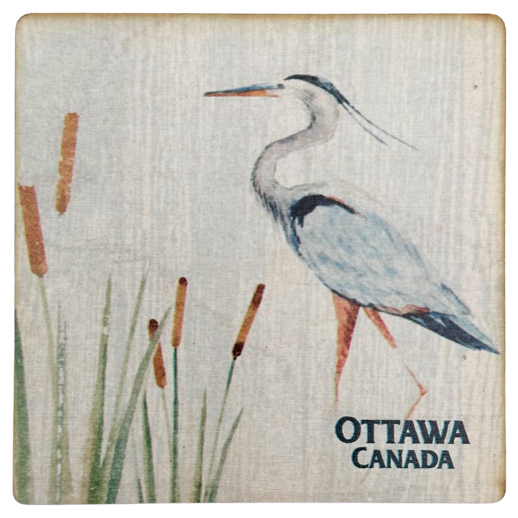 A square wooden coaster with a majestic blue heron standing in reeds against a white background and "Ottawa, Canada" written on the bottom.