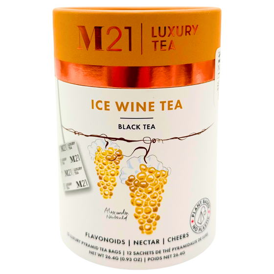 A cylindrical box that holds twelve ice wine flavoured tea bags. The tea bags are pyramid shaped and are blended and packed in Canada. The container is made from 100% recycled paper. The illustration on the canister depicts yellow grapes that are used to make ice wine and matches the yellow coloured lid. It includes instructions to brew for three to five minutes. 