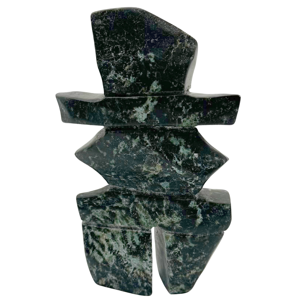 A two-toned green soapstone inukshuk by Arctic artist Gii Etungat.