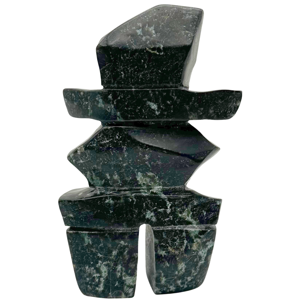 A two-toned green soapstone inukshuk by Arctic artist Gii Etungat.