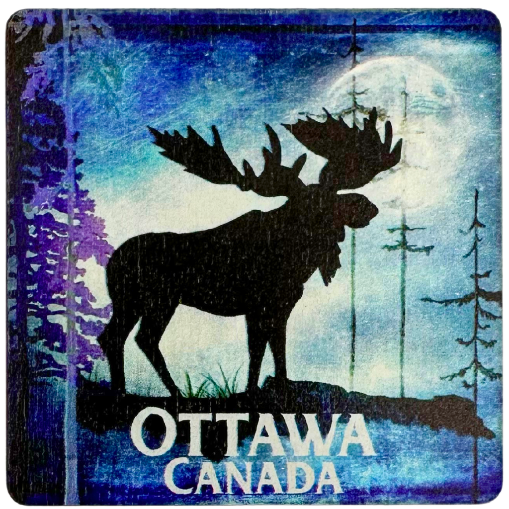 A square wooden coaster with a black moose silhouette against a blue winter landscape and "Ottawa, Canada" written on the bottom