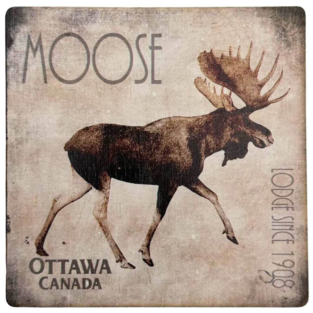 A square wooden coaster with a moose walking against a distressed wood background. The coasters says "Moose" in the top left, "Ottawa Canada" in the bottom left, and "Lodge since 1908" along the right side.