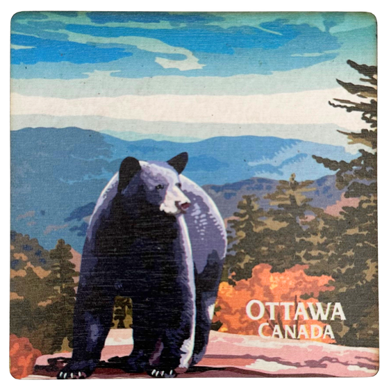 A square wooden coaster with a black bear standing on a rock against a background of forest, mountains, and blue sky. In the bottom right, the coaster reads "Ottawa Canada"