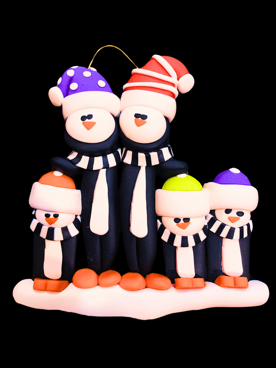 Two adult penguins with 1 smaller penguin on the left side and 2 on the right side. All have black and white striped scarves and different coloured hats in the order orange, blue with dots, red with lines, green, and blue.