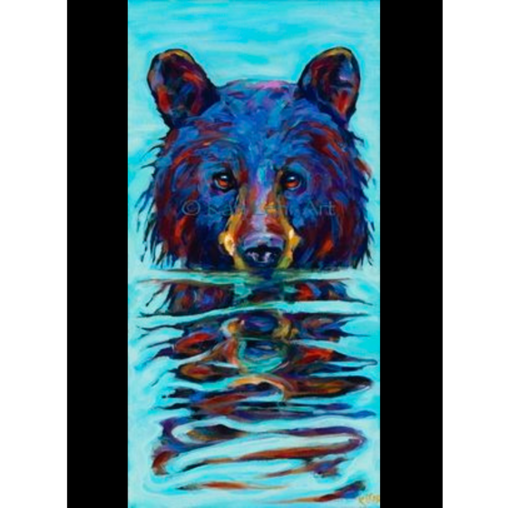 A painterly yet realistic depiction of a black bear  submerged in water. Only the bear's head is visible. streaks of orange in the bear's fur give this piece a vibrant appearance.