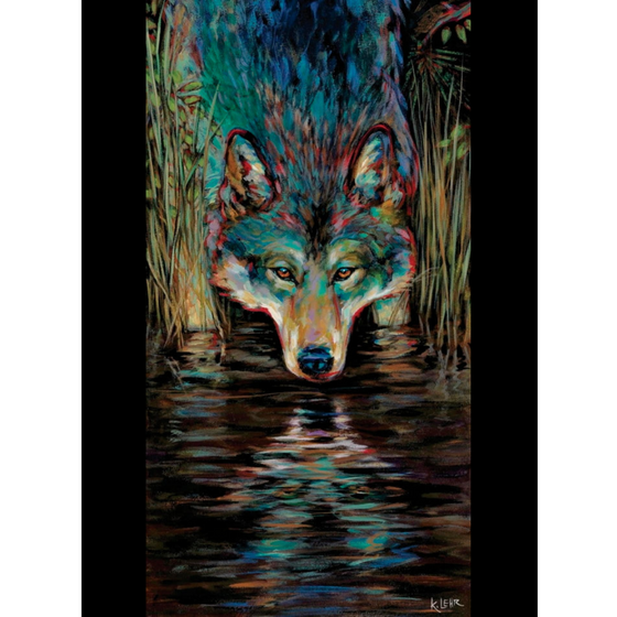 A print with a black border depicting a dimensional grey wolf with blue, pink, orange and green accents. The wolf is peering into the dark swamp water below, where the wolf's reflection can be seen.