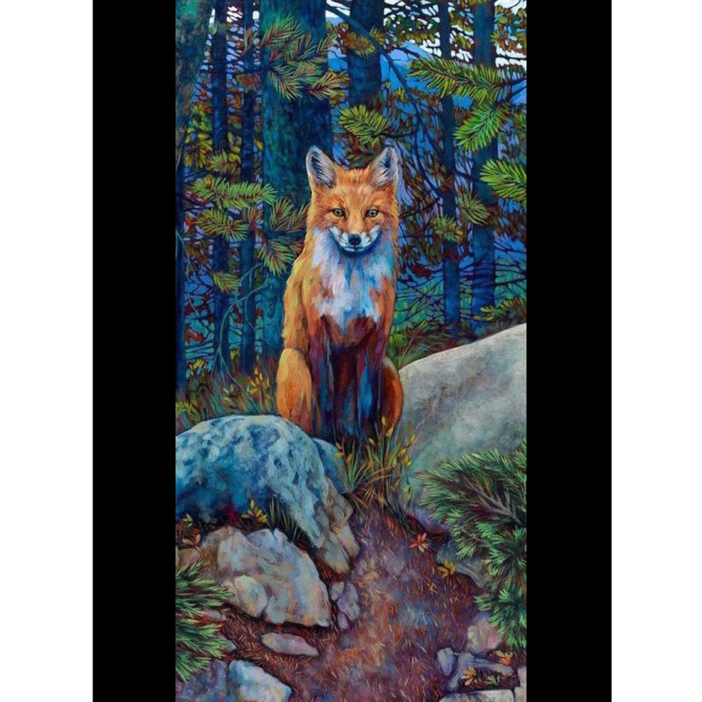 A print with a black border depicting an orange fox sitting on a rocky forest floor. A blue sky peeks through the many trees behind the fox.