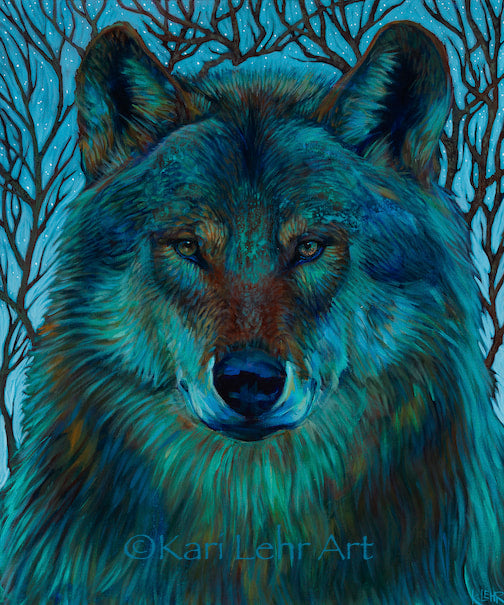 A close up head shot of a majestic timber wolf gazing at the viewer. Blue dominates the picture, with green and brown as accent colours.