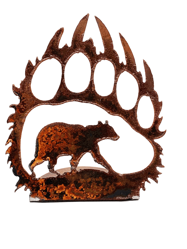 A bear walks on four feet in the silhouette of a clawed bear paw. The scene is cut from sheet steel and then oxidised to a tasteful red patina.