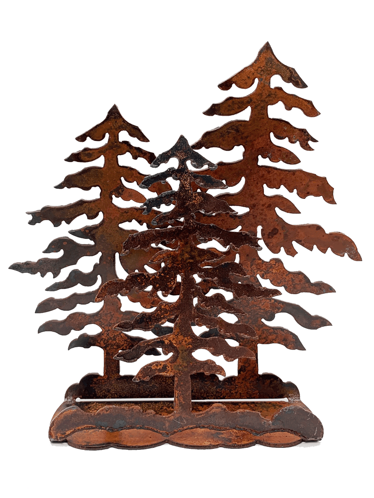 Three standing pines reminiscent of the Group of Seven's abstract nature style. The scene is cut from sheet steel and then oxidised to a tasteful red patina.