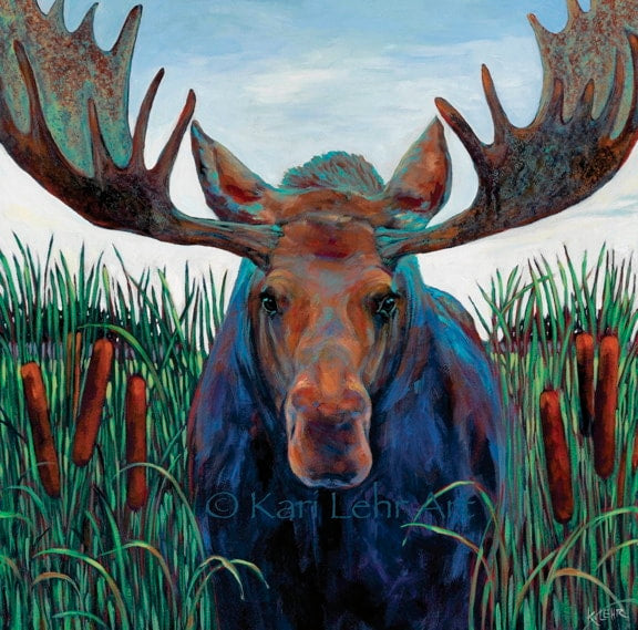 A painterly yet realistic depiction of a moose wading through cattails. Striking blue and green shadows contrast with the warm brown of the moose's face.