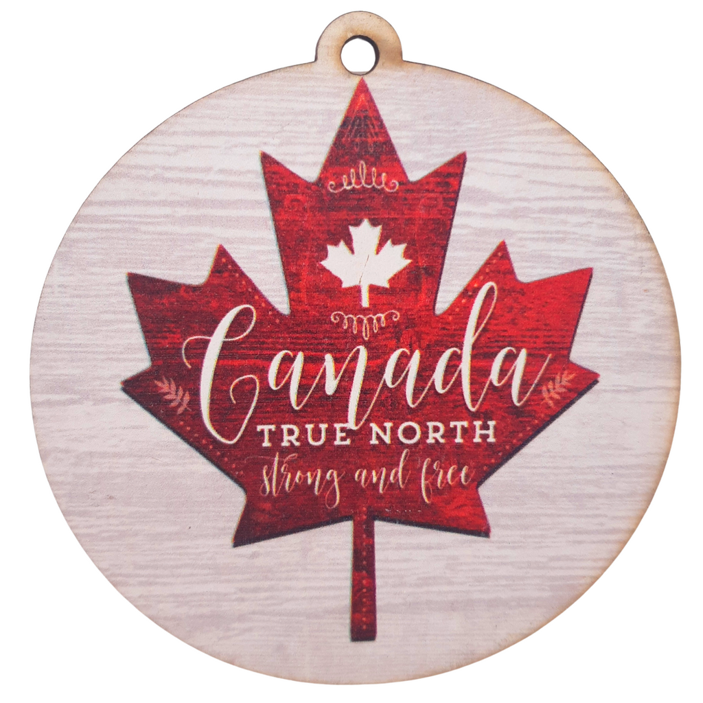 An iconic Canadian red maple leaf, decorated with stylised white shapes and the words "Canada: true north strong and free"