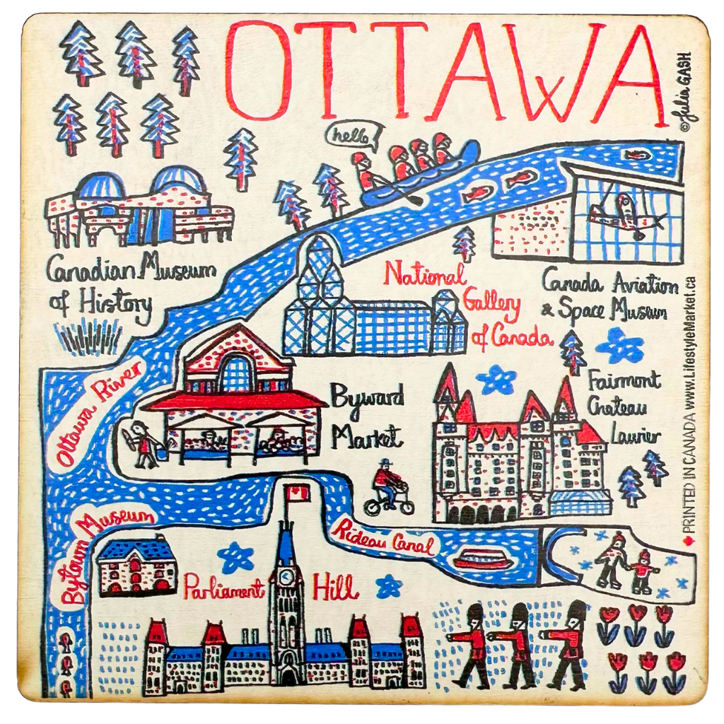 Light wooden coaster with doodles of popular places in Ottawa on it in red, blue, and black.