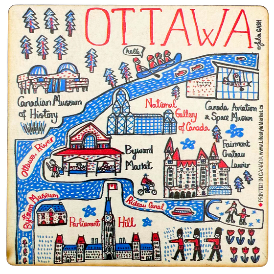 Light wooden coaster with doodles of popular places in Ottawa on it in red, blue, and black.