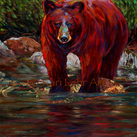 A painterly yet realistic depiction of a brown bear at the edge of a stream. 