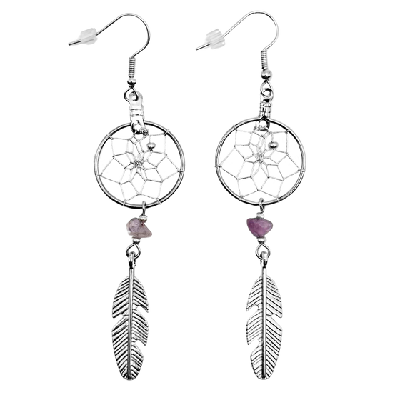 A pair of silver dream catcher earrings with amethyst stones handing, and a silver feather hanging from the stone.