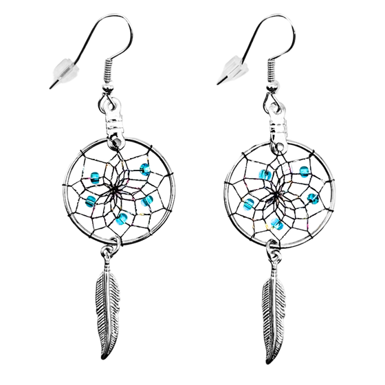 A pair of dream catcher earrings with coloured webbing (yellow, blue, pink) and 5 blue beads on each. Both have a silver feather hanging underneath.