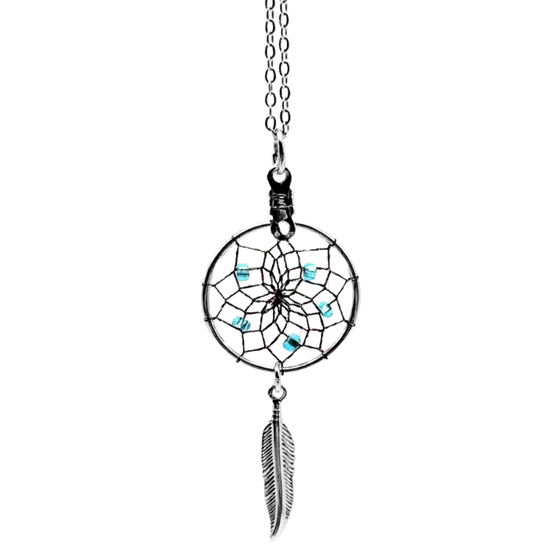 A silver dream catcher necklace with a silver feather hanging underneath. The webbing on the dream catcher is coloured blue, pink, and yellow in the light. There are five blue beads as well.