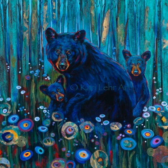 A painterly yet realistic depiction of a mother black bear and her two cubs. The bears are sitting among flowers and trees. They look blue in the pale morning light.