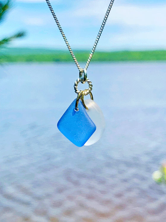 Blue/White Sea Glass Double Pendant