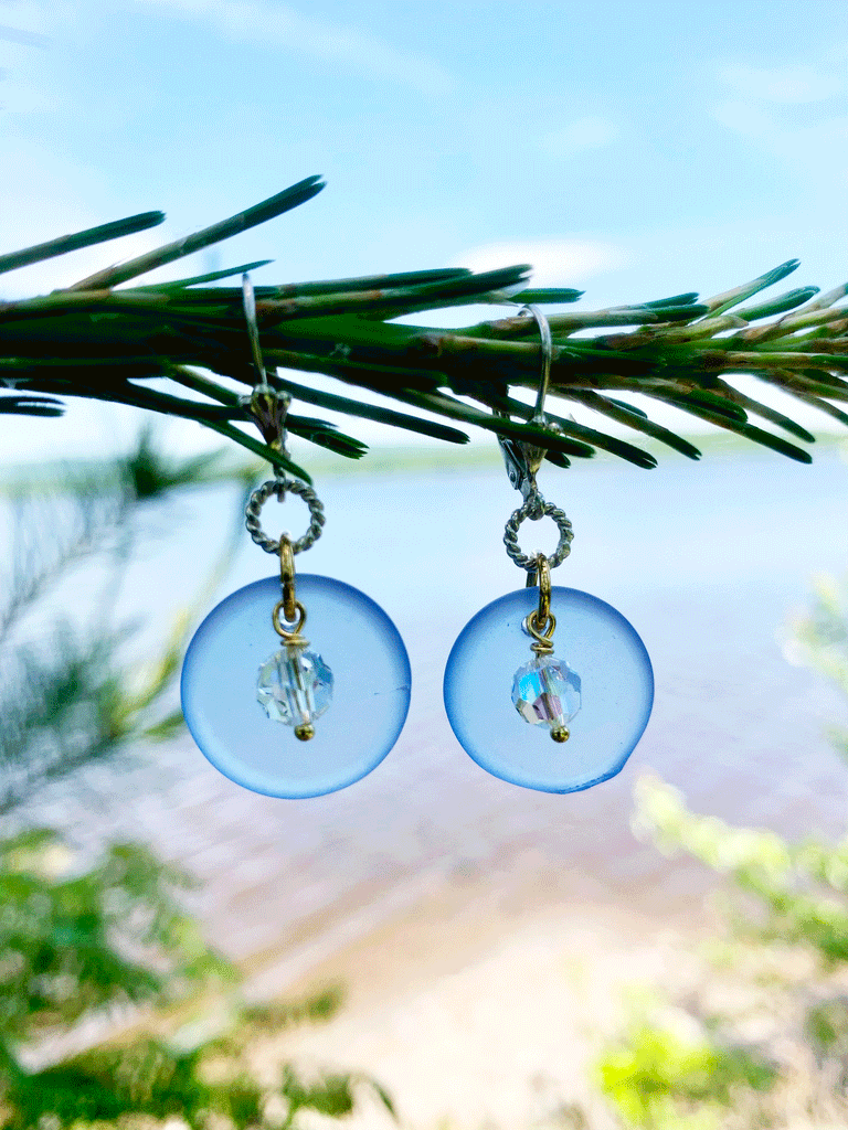 Blue Sea Glass Round Earrings