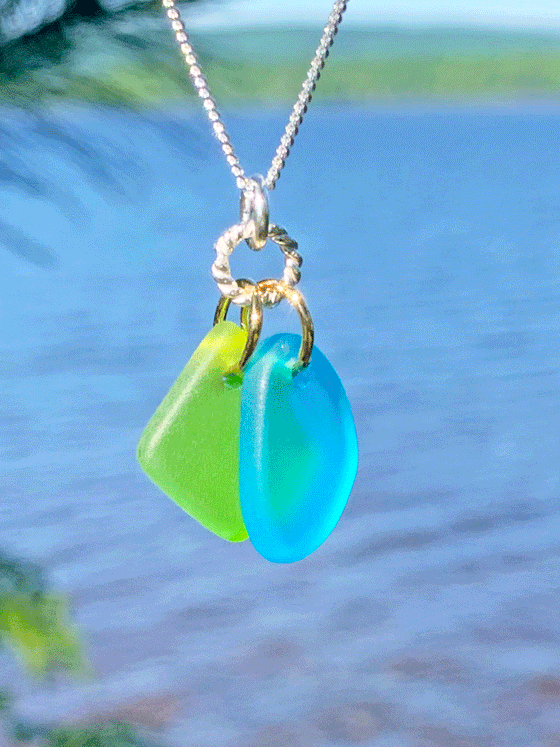 Turquoise/Green Sea Glass Double Pendant