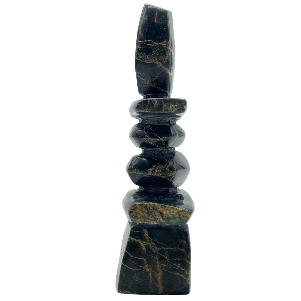 A human-shaped inukshuk sculpture, approximately 5.5 inches high. The soapstone is black with vivid gold lines streaking through it.