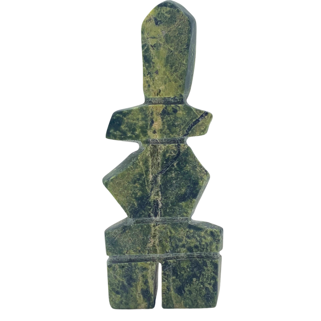 A human-shaped inukshuk sculpture, approximately 4.5 inches high. The stone is mottled black and green soapstone.