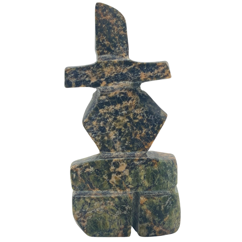 A human-shaped inukshuk sculpture, approximately 3.5 inches high. The stone is mottled black, brown and green soapstone.