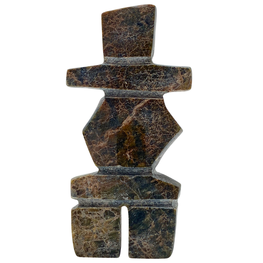 A human-shaped inukshuk sculpture, approximately 3.5 inches high. The stone is mottled black and brown.