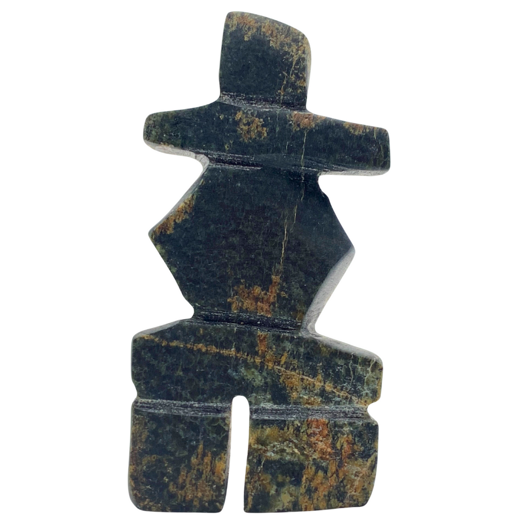 A human-shaped stone sculpture, approximately 3 inches high. The stone is black and brown.