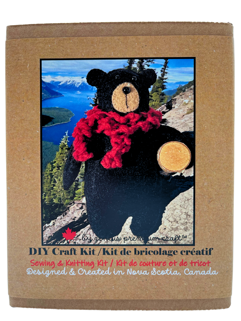 This great little craft kit is packed with super premium quality supplies to sew a sweet FELT Canadian Logging Black Bear with a knitted scarf, a Bucket of fish, and a fishing rod with fish attached.&nbsp;Everything you need is in the kit except scissors.