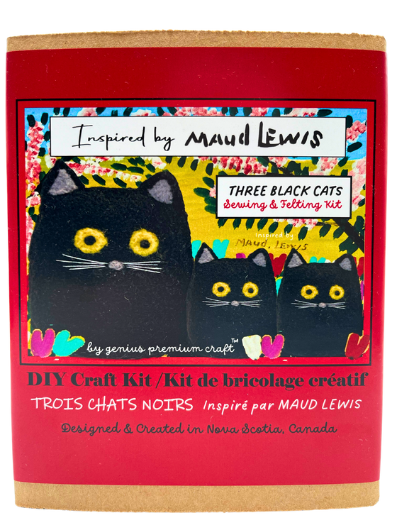 This great little craft kit is packed with super premium quality supplies to either “sew” 3 Three Black Cats or “felt and sew” .Three Black Cats inspired by Maud Lewis, the well-known Canadian Folk Art Artist.