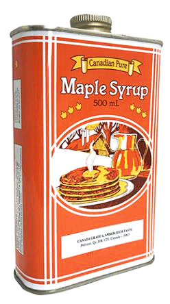 An orange flask-shaped tin with "Canadian Pure Maple Syrup" printed above a picture of steaming pancakes and a jug of maple syrup in front of a wooden cottage or sugar shack. Six orange maple leaves sit between the text and picture. The tin is opened via screwtop. This product contains 250 ml of maple syrup.