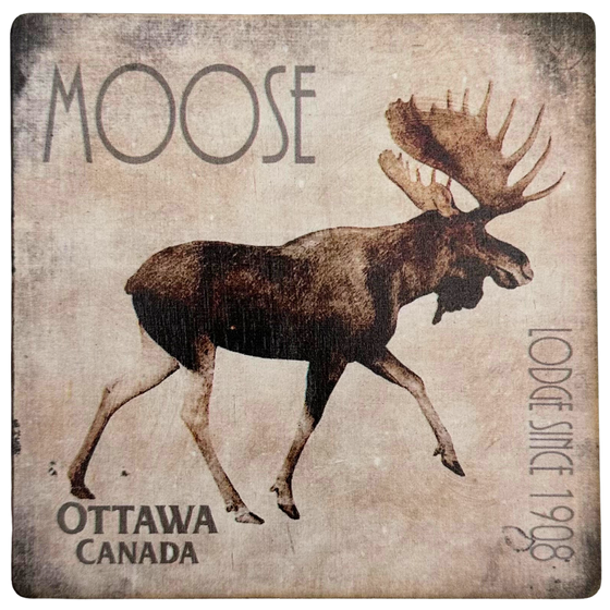 A square magnet depicting a brown moose mid-stride. Around the moose, brown text against a beige background reads "Moose, Lodge Since 1908, Ottawa Canada"