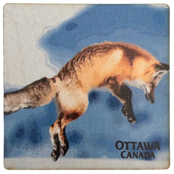 A square magnet featuring an orange fox mid-pounce, preparing to dive into the snow. "Ottawa, Canada" is written in black at the bottom right of the scene, with a white and blue blurred landscape as the background.