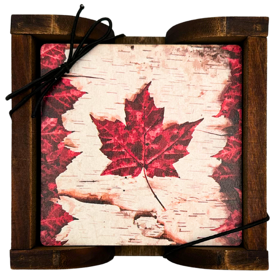 Maple Leaf Flag Coasters Set with Holder