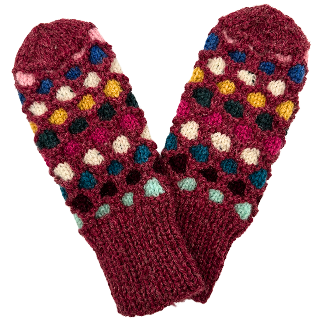 Hand Knit Bubble Mittens - Burgundy