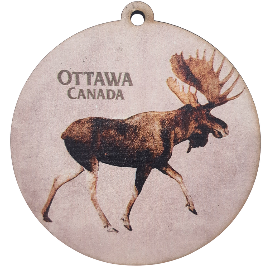 A large rack bull moose walks in this classic Canadian shot. In the top left reads "Ottawa Canada"