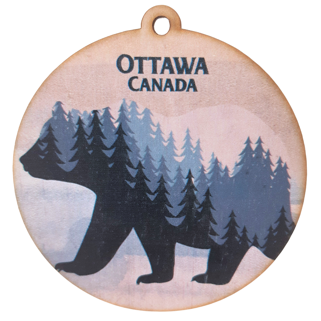 A rugged mountain scene in the silhouette of a walking bear. At the top centre reads "Ottawa Canada"