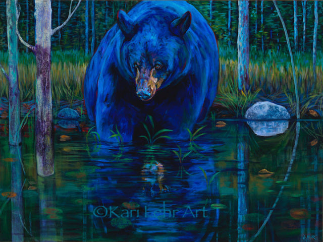 A print with a black border depicting a blue and black coloured bear in blue and green murky swamp water. The water shows the reflection of the bear and surrounding rocks and trees. Green grass and forest trees are behind the bear.