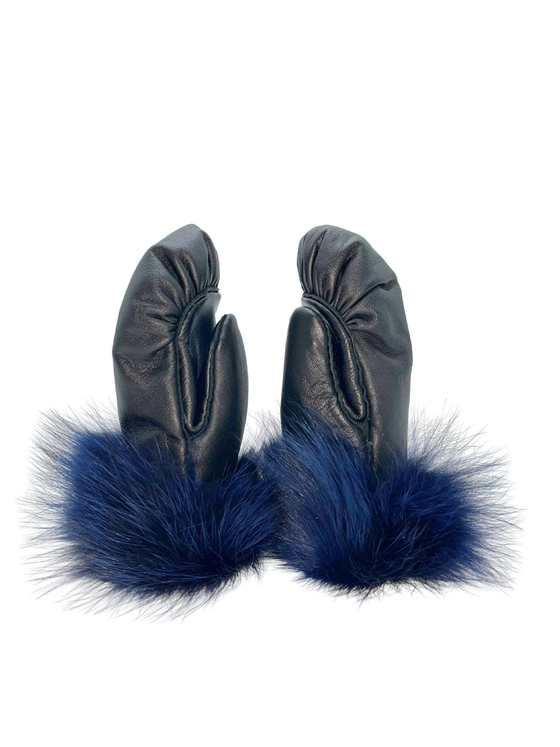 Black leather mitts with dark royal blue sealskin fur at the bottom.