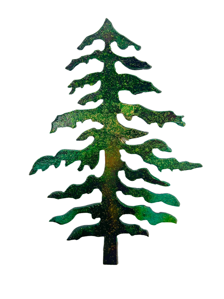 A pine tree reminiscent of the Group of Seven's abstract nature style, cut from sheet steel and handpainted with beautiful green and gold.