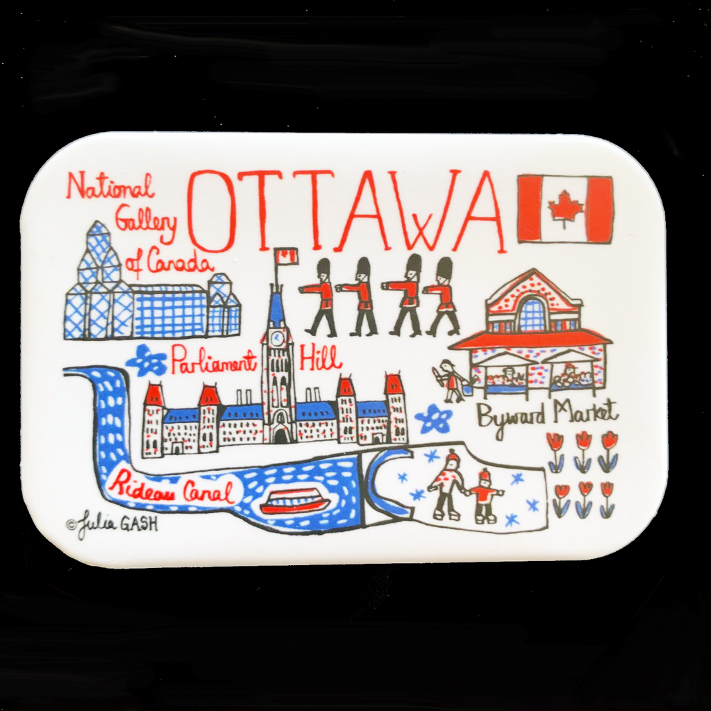 This magnet is rectangular with rounded edges and features an array of cartoonishly drawn Ottawa landmarks. The landmarks are coloured in red, blue and black on a white background. The landmarks include the National Gallery, Parliament Hill, the Rideau Canal, and the Byward market. The simple designs on this magnet give it a bright, fun feeling. 