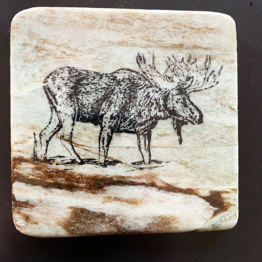 This coaster features the image of the side view of a moose as it walks into a pond. The image is on a piece of canadian shield marble with mineral lines running through in unique colours, lines, and patterns. The coaster is finished with a clear coat, giving it a shiny finish. 